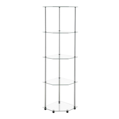 Corner Tower Shelf, Gray Glass, 5 Tier, Easy Assembly