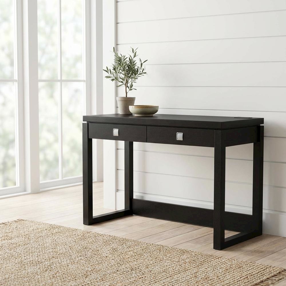Espresso Office Desk With 2 Drawer Storage And Charging Station For Workspace