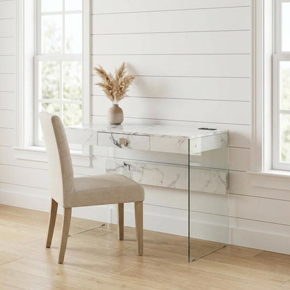 Glass Desk, Charging Station And Faux White Marble Finish For Modern Workspace