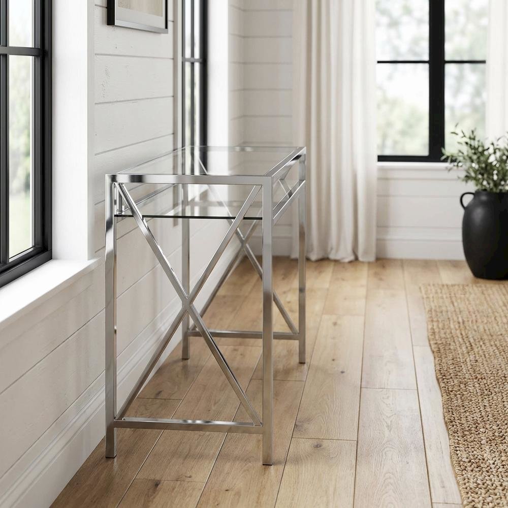 Modern Chrome And Clear Glass 42-Inch Desk With Sleek Design For Office Use