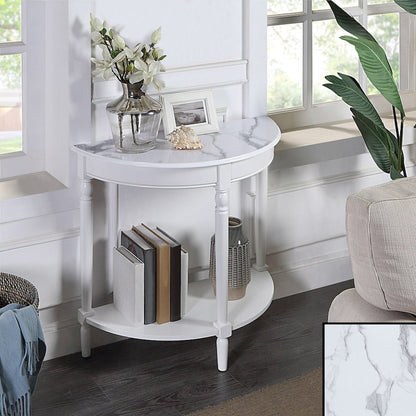 French Country Half-Round Entryway Table with Shelf, White Faux Marble/White