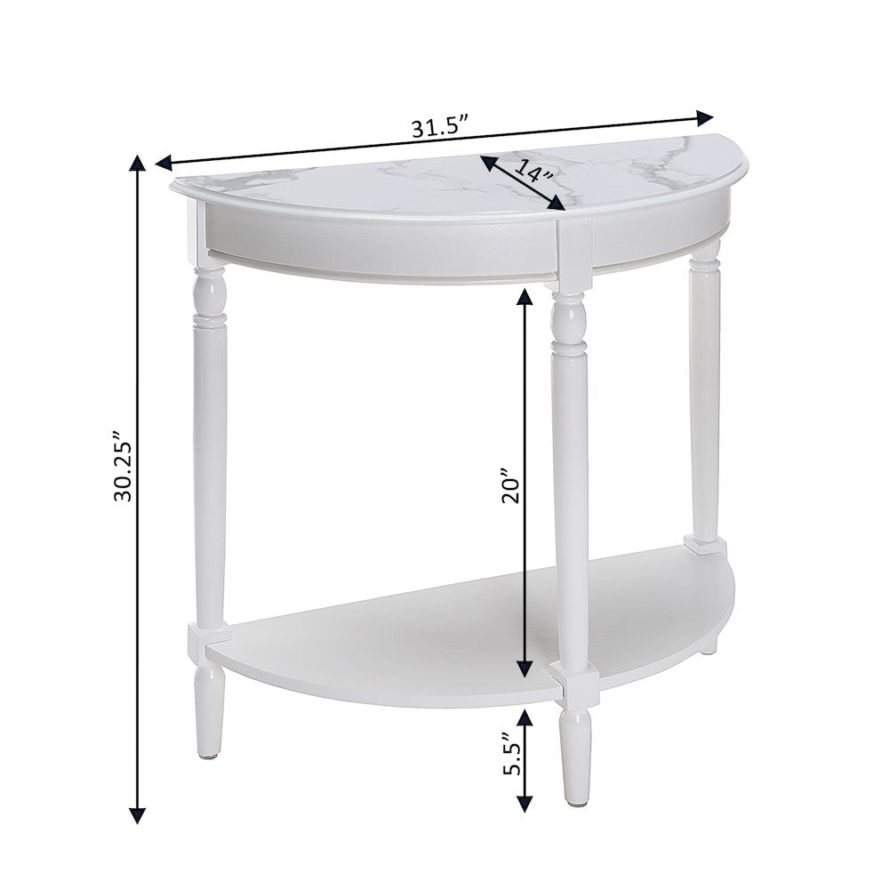 French Country Half-Round Entryway Table with Shelf, White Faux Marble/White