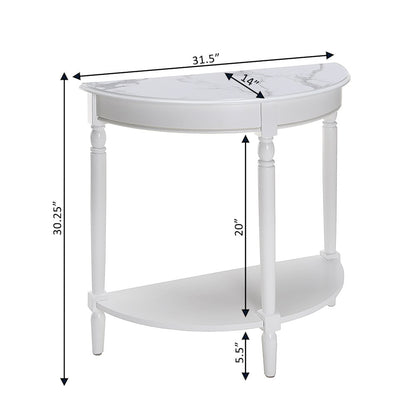 French Country Half-Round Entryway Table with Shelf, White Faux Marble/White