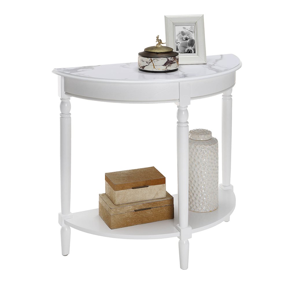 French Country Half-Round Entryway Table with Shelf, White Faux Marble/White
