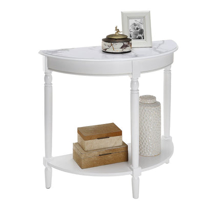 French Country Half-Round Entryway Table with Shelf, White Faux Marble/White