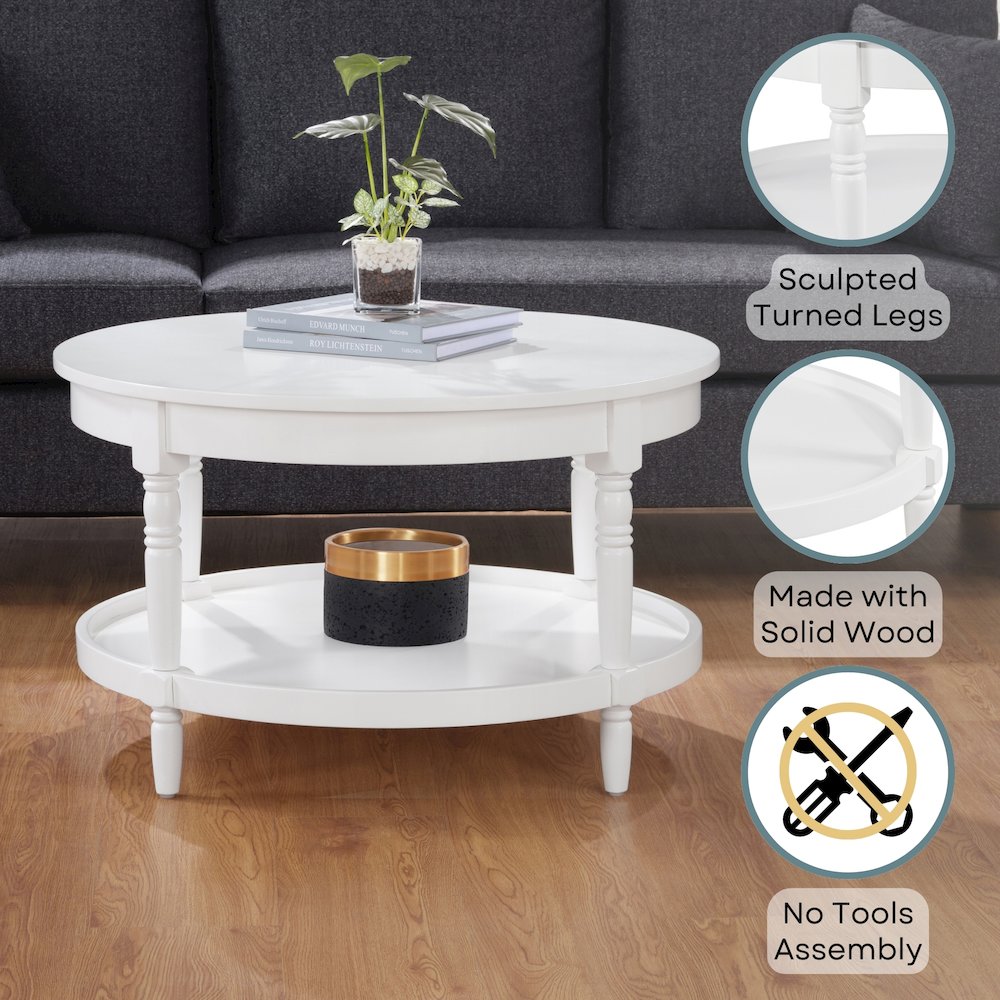 French Country Manor No Tools Round Coffee Table with Shelf