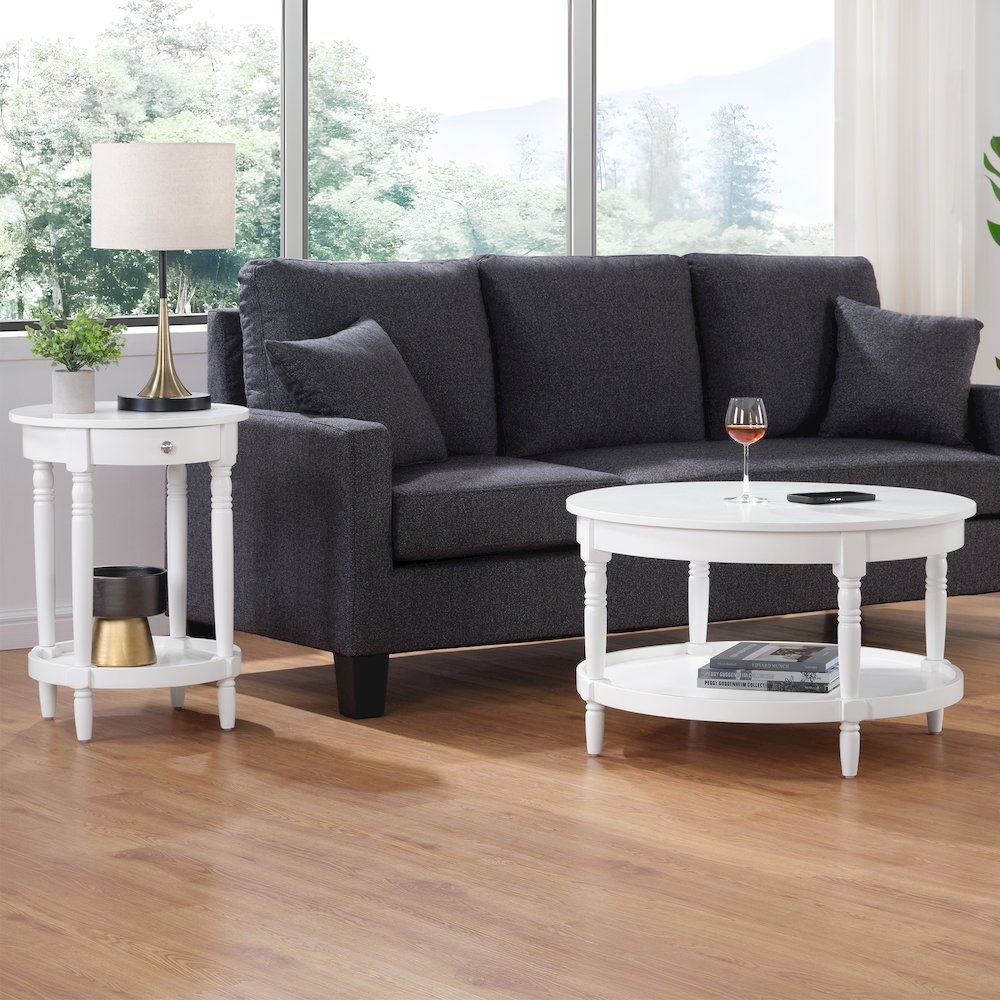 French Country Manor No Tools Round Coffee Table with Shelf