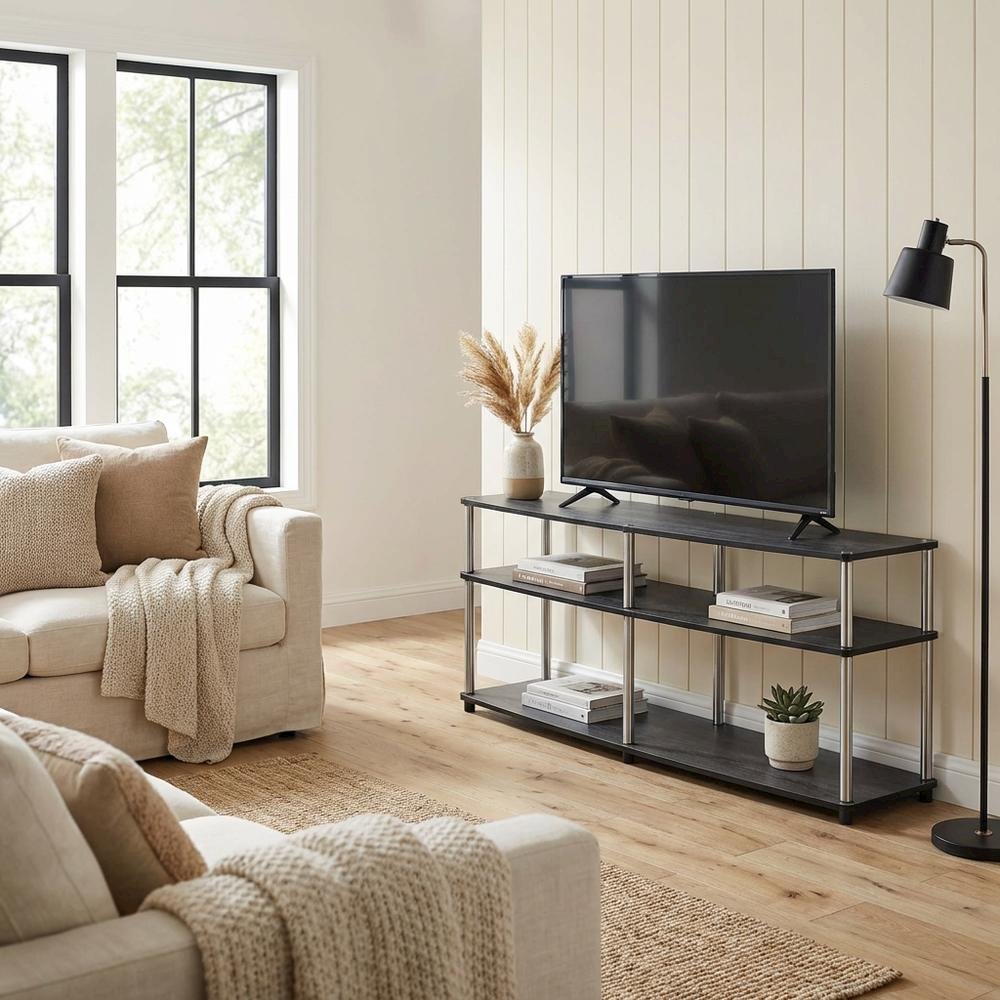 Weathered Gray 3-Tier TV Stand with Particle Board and Stainless Steel Poles