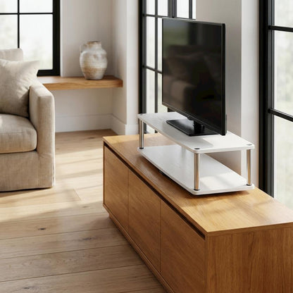 White double tier swivel TV riser, up to 37-inch screens, transitional style