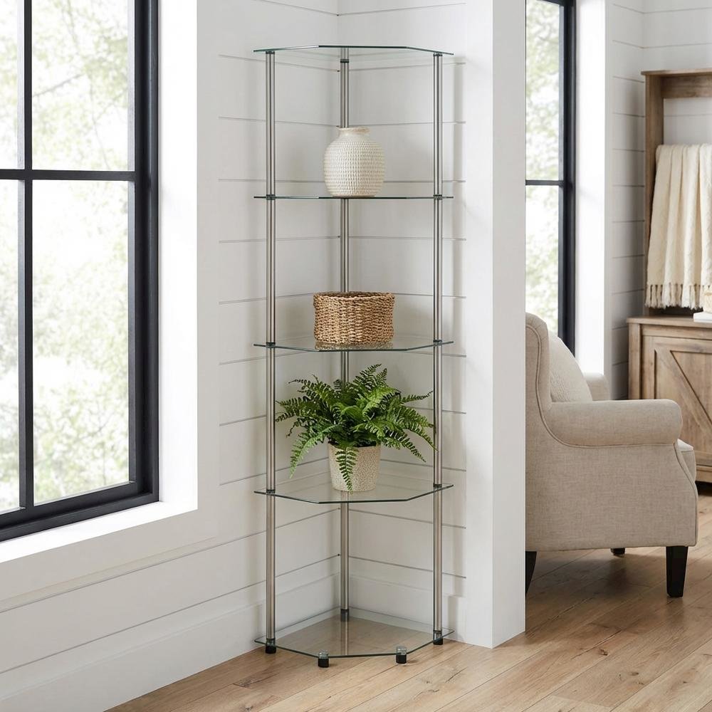 Corner Tower Shelf, Gray Glass, 5 Tier, Easy Assembly