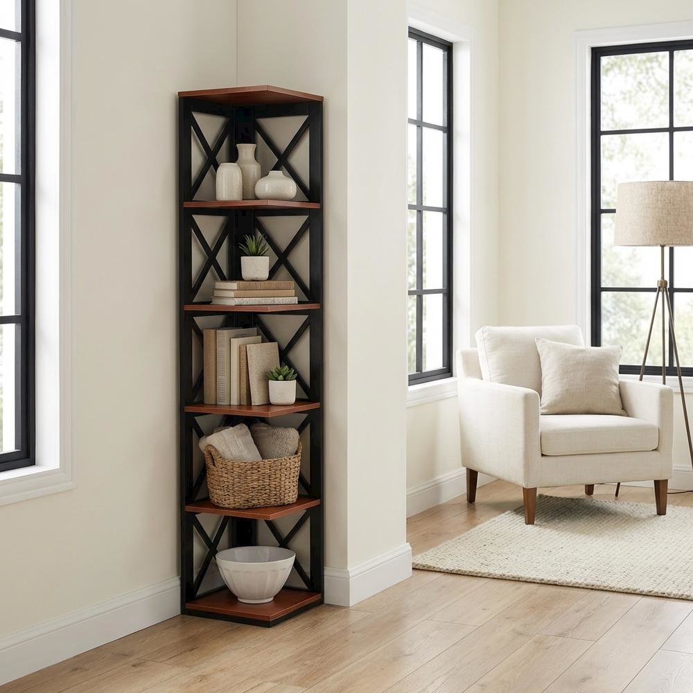 Multi-tier corner bookcase with durable finish, ideal for compact spaces