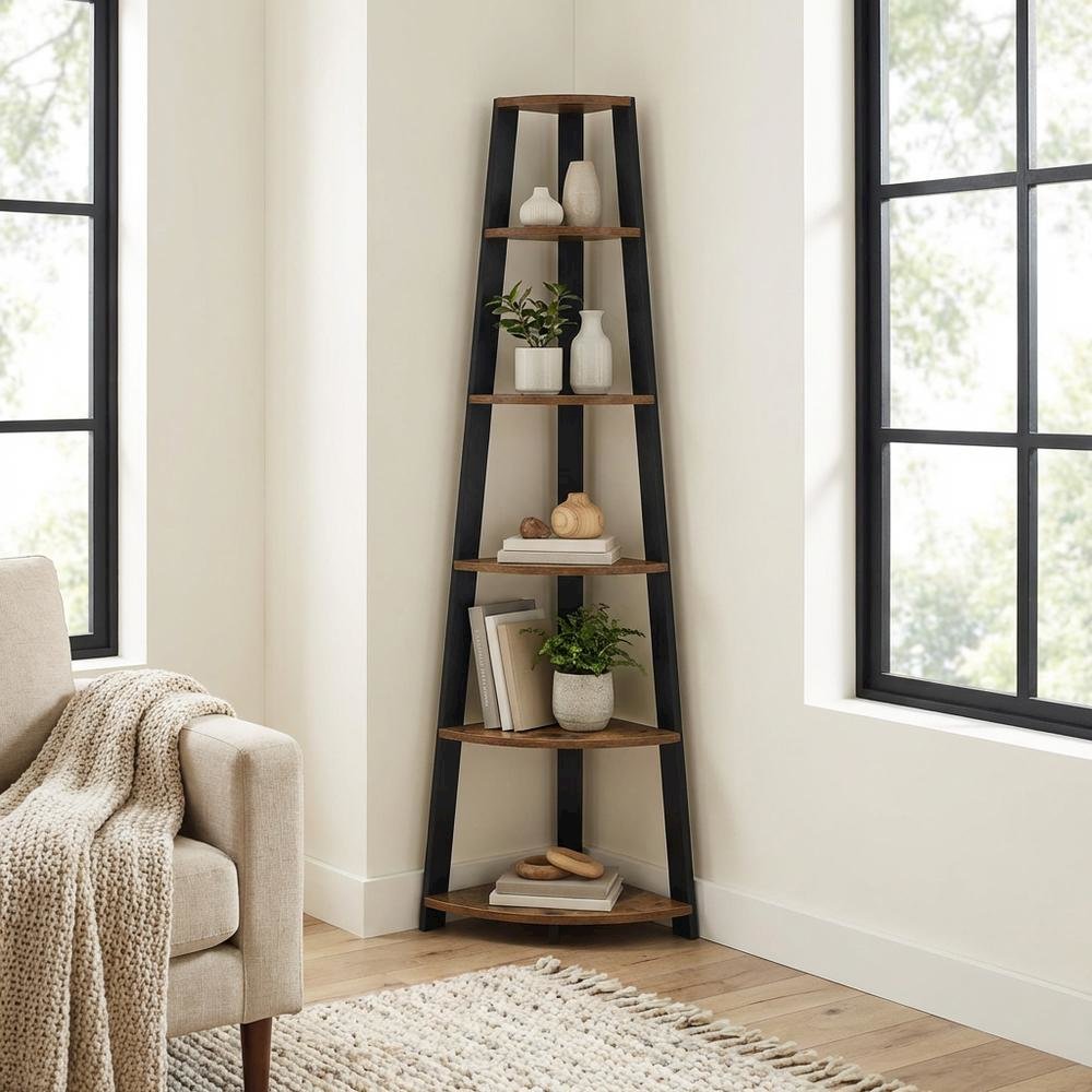 Contemporary Barnwood - Black 5-Tier Corner Bookshelf with Particle Board Design