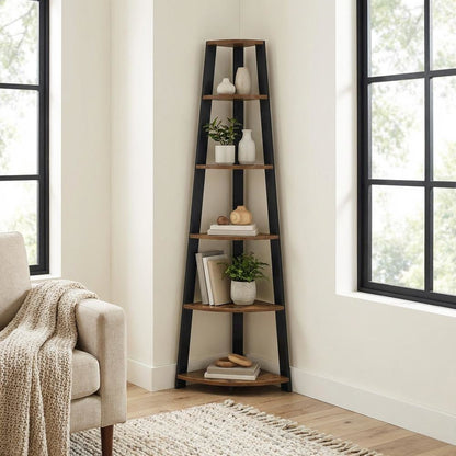 Contemporary Barnwood - Black 5-Tier Corner Bookshelf with Particle Board Design