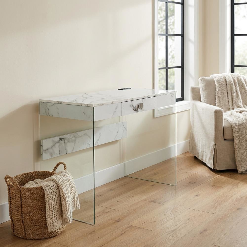 Glass Desk, Charging Station And Faux White Marble Finish For Modern Workspace