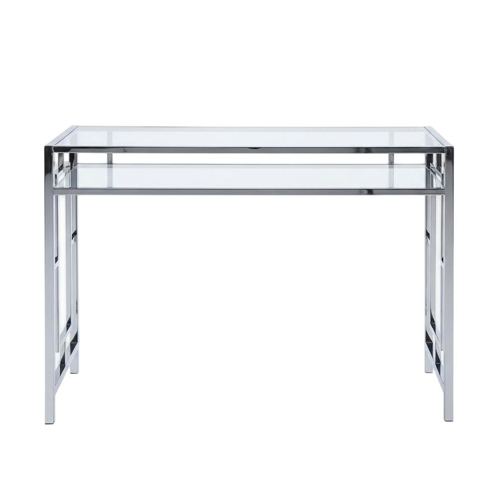 Contemporary Chrome Desk With Shelf And Clear Glass Surface