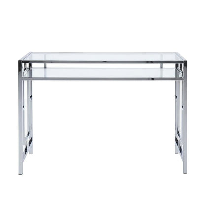 Contemporary Chrome Desk With Shelf And Clear Glass Surface
