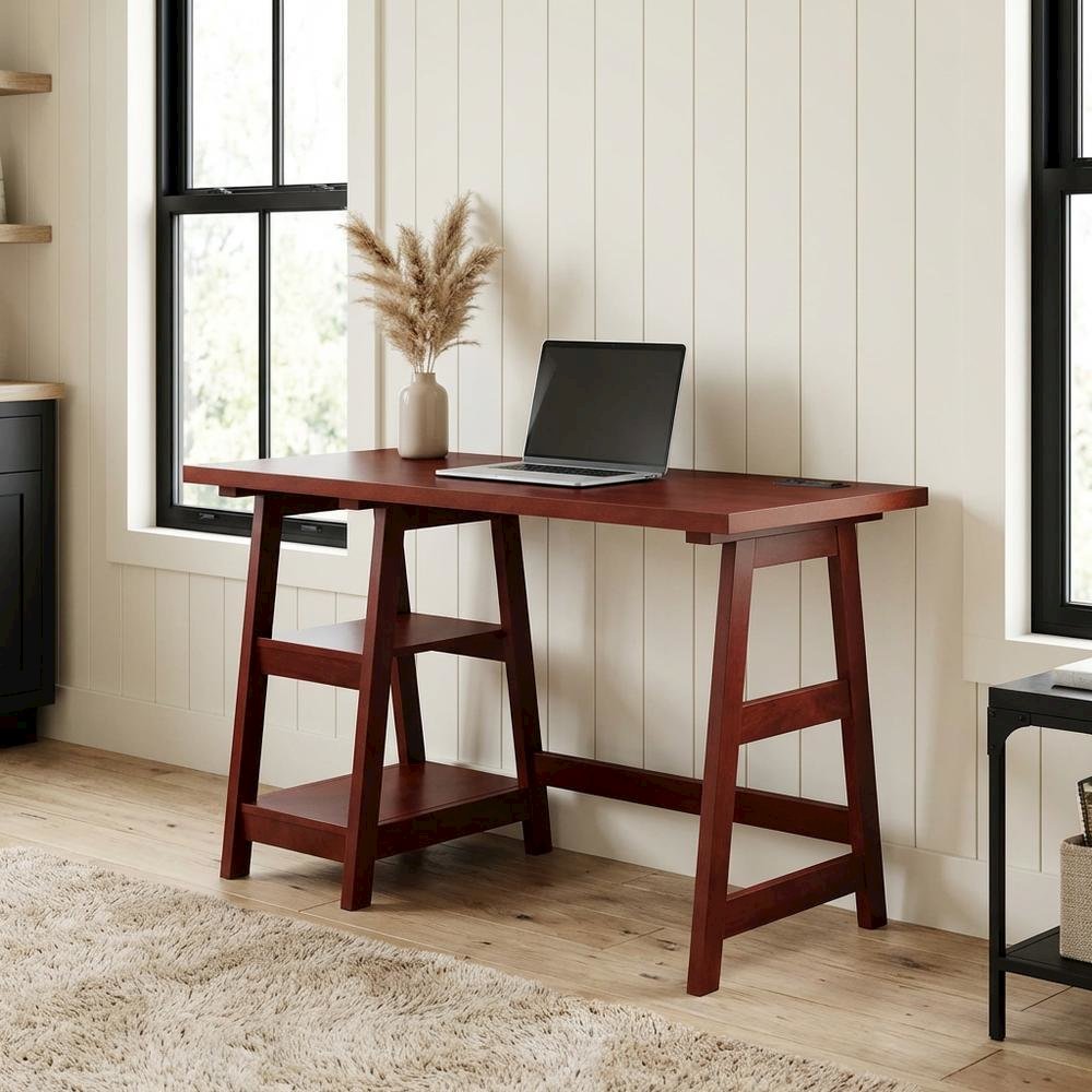 Cherry Trestle Desk, Integrated Charging Station, Melamine Finish