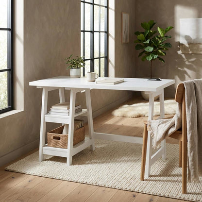 White Trestle Desk With Built-In Charging Station And Melamine Surface