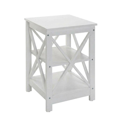 White end table with shelves, transitional coastal style, stylish and functional
