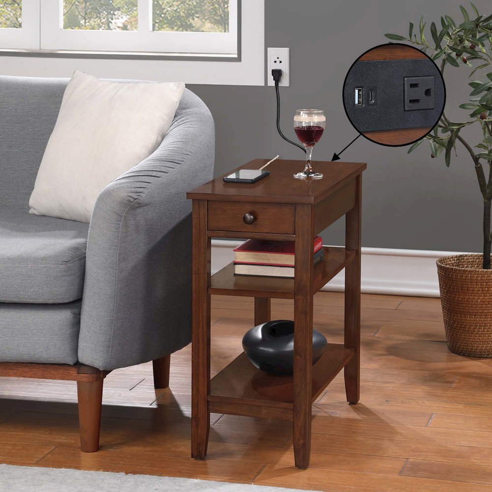 American Heritage 1 Drawer Chairside End Table with Charging Station and Shelves