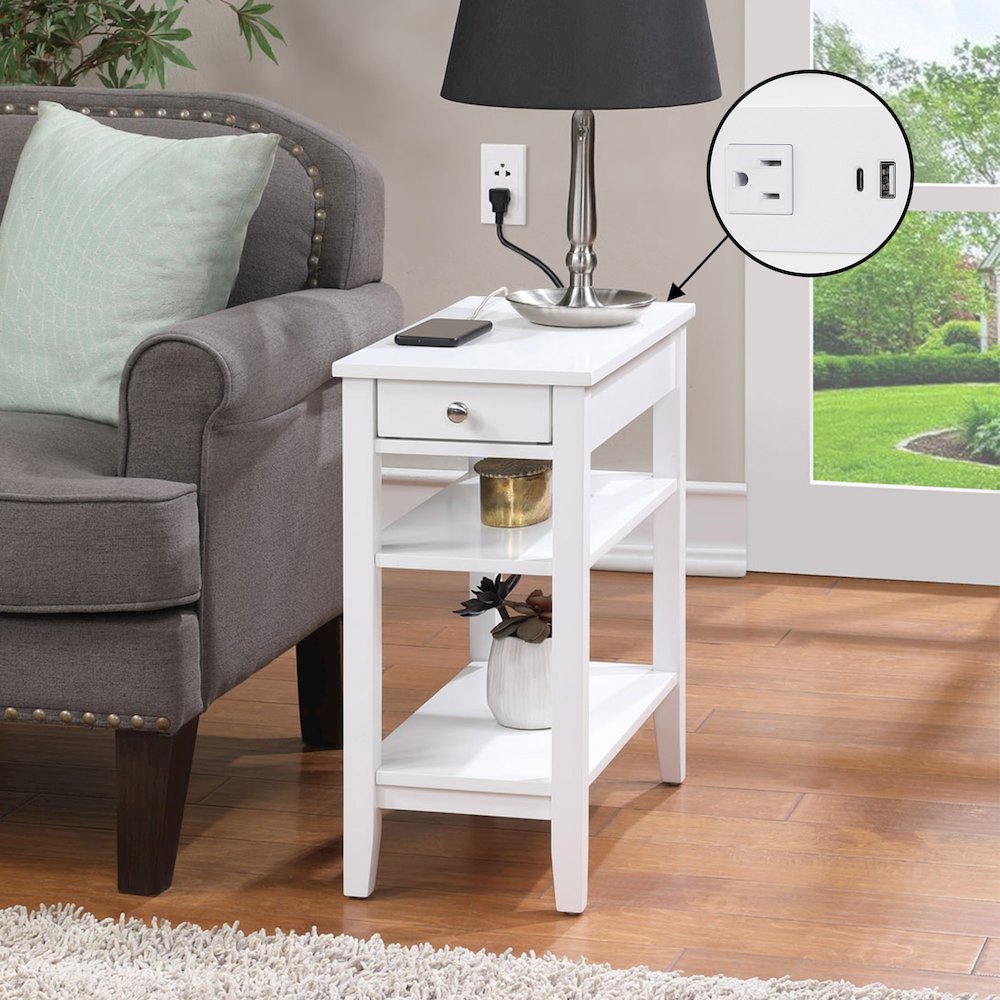 American Heritage 1 Drawer Chairside End Table with Charging Station and Shelves