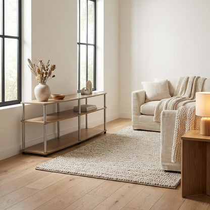 Light Oak TV Stand with 3 Tiers and Stainless Steel Poles