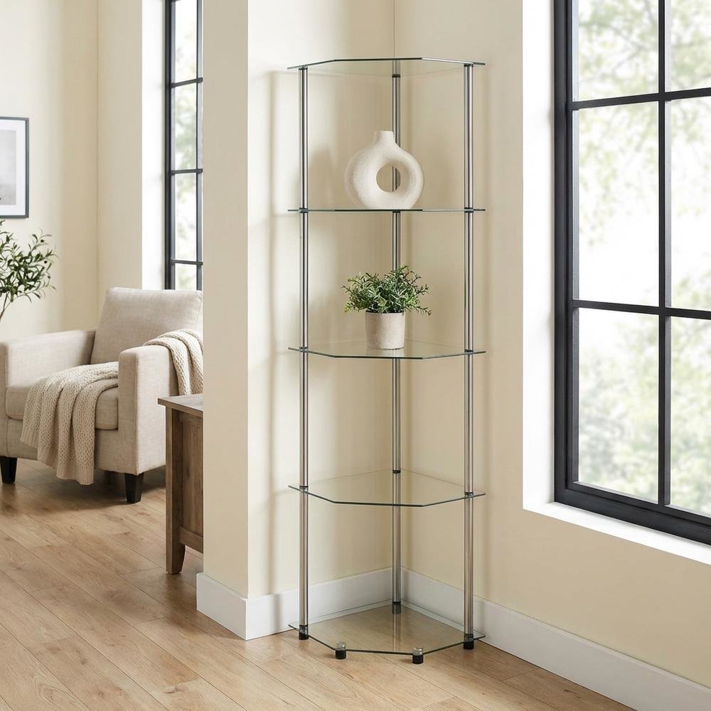 Corner Tower Shelf, Gray Glass, 5 Tier, Easy Assembly