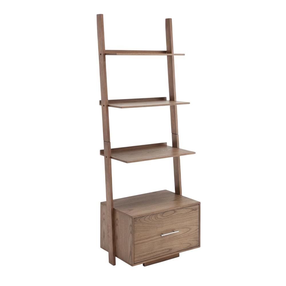 Ash Veneer Ladder Bookcase with File Drawer for Storage and Organization