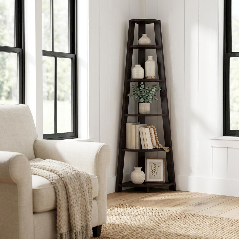 Espresso 5-Tier Corner Bookshelf - Contemporary Style, Sturdy MDF Construction