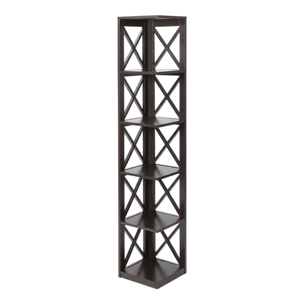 Corner bookcase in a sleek finish with five spacious shelves, flexible storage