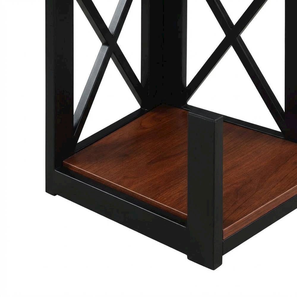 Multi-tier corner bookcase with durable finish, ideal for compact spaces