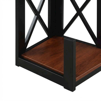 Multi-tier corner bookcase with durable finish, ideal for compact spaces
