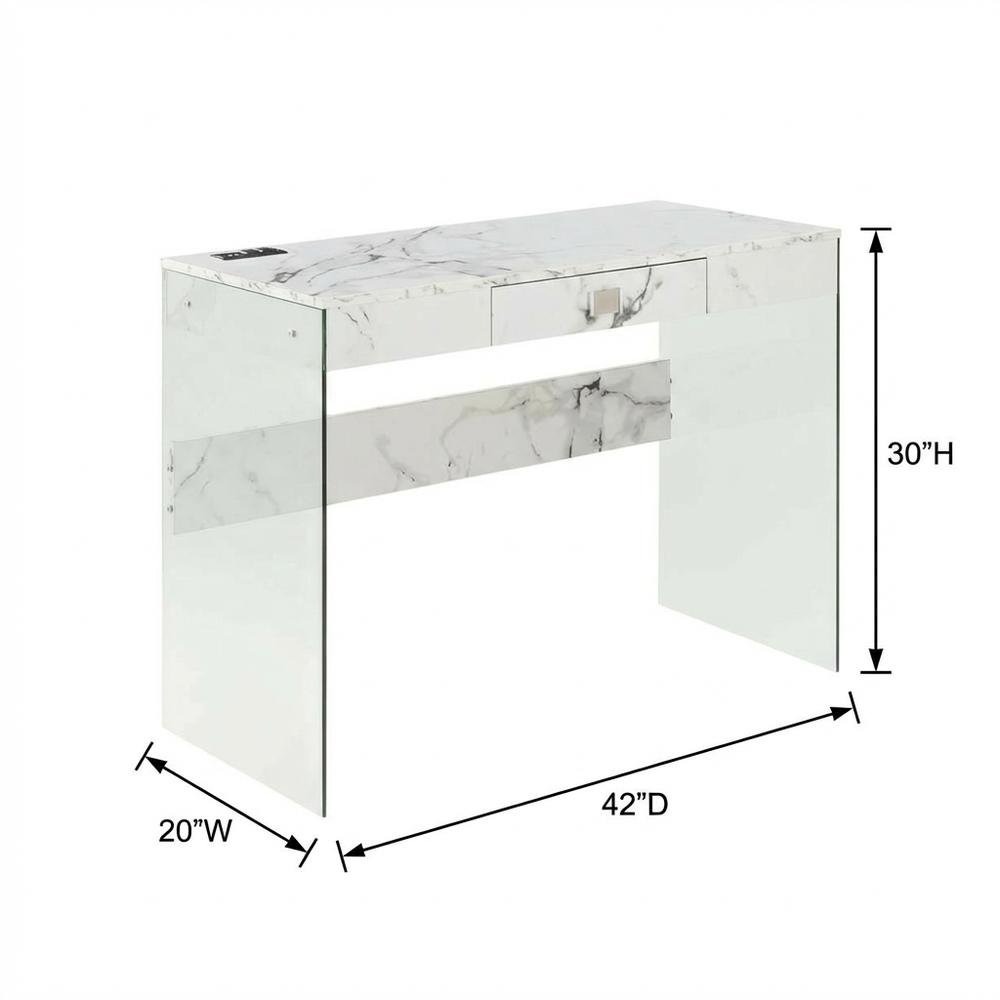 Glass Desk, Charging Station And Faux White Marble Finish For Modern Workspace