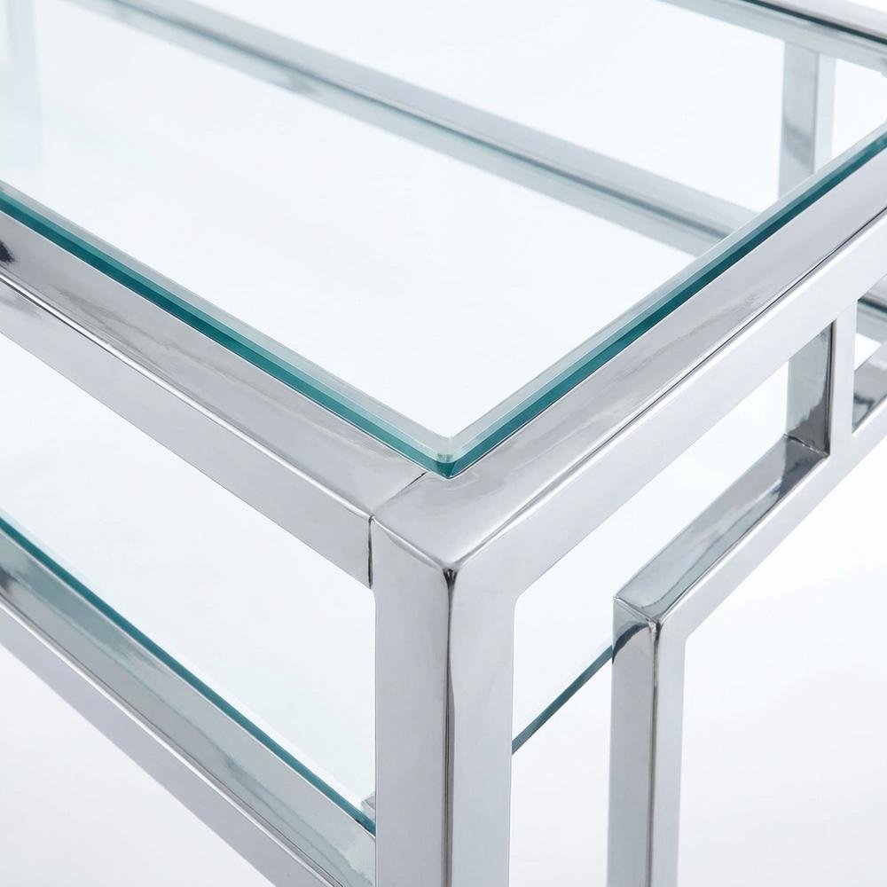 Contemporary Chrome Desk With Shelf And Clear Glass Surface