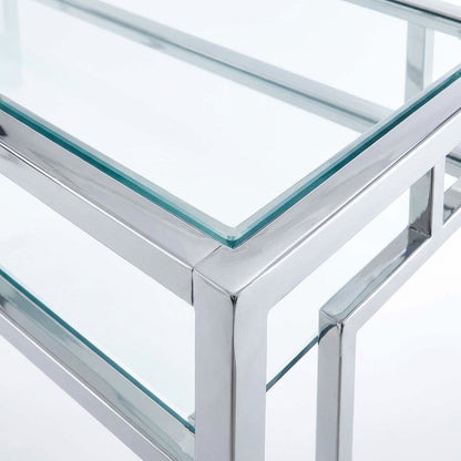 Contemporary Chrome Desk With Shelf And Clear Glass Surface