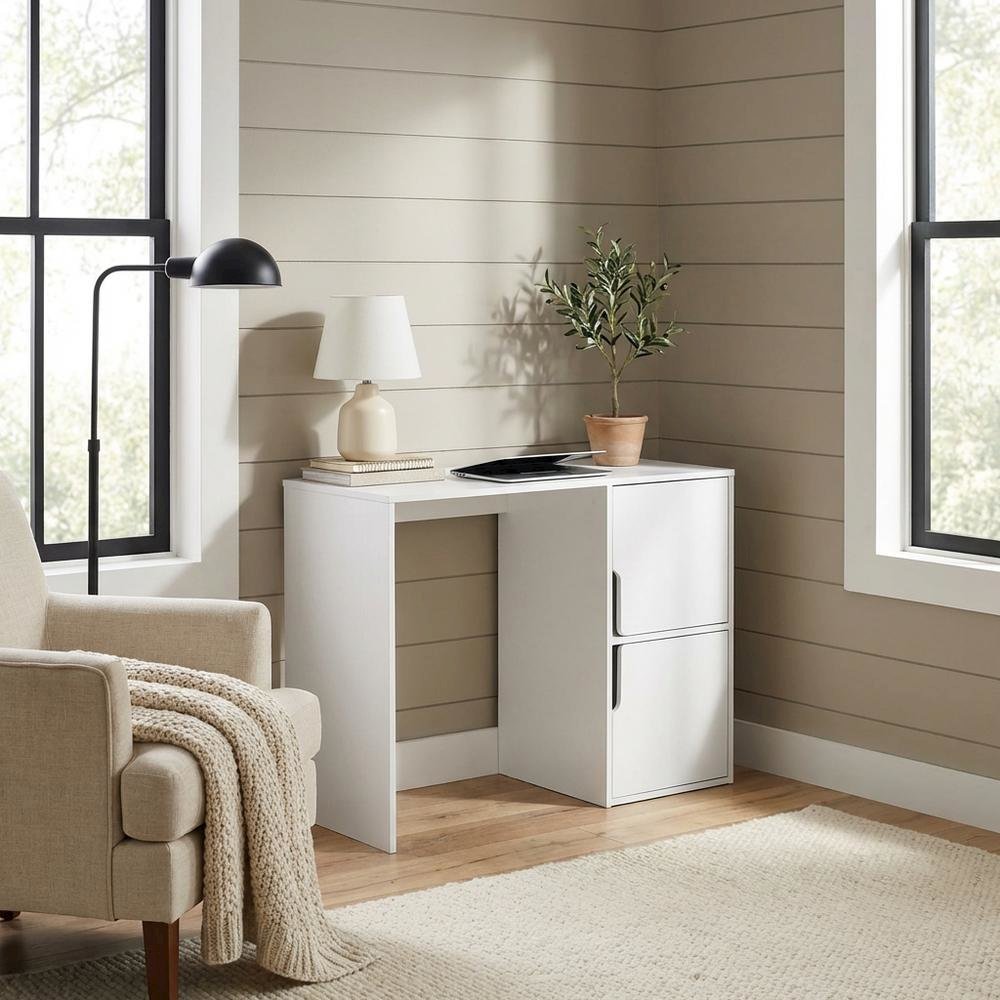 White Student Desk With Storage Cabinets And Melamine Veneer Finish