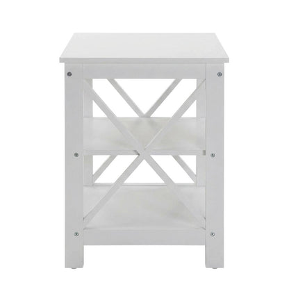 White end table with shelves, transitional coastal style, stylish and functional