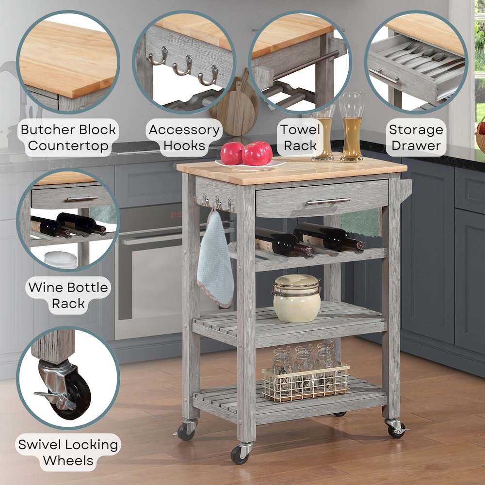 Ellaine 4 Tier Butcher Block Kitchen Cart with Drawer and Wine Rack