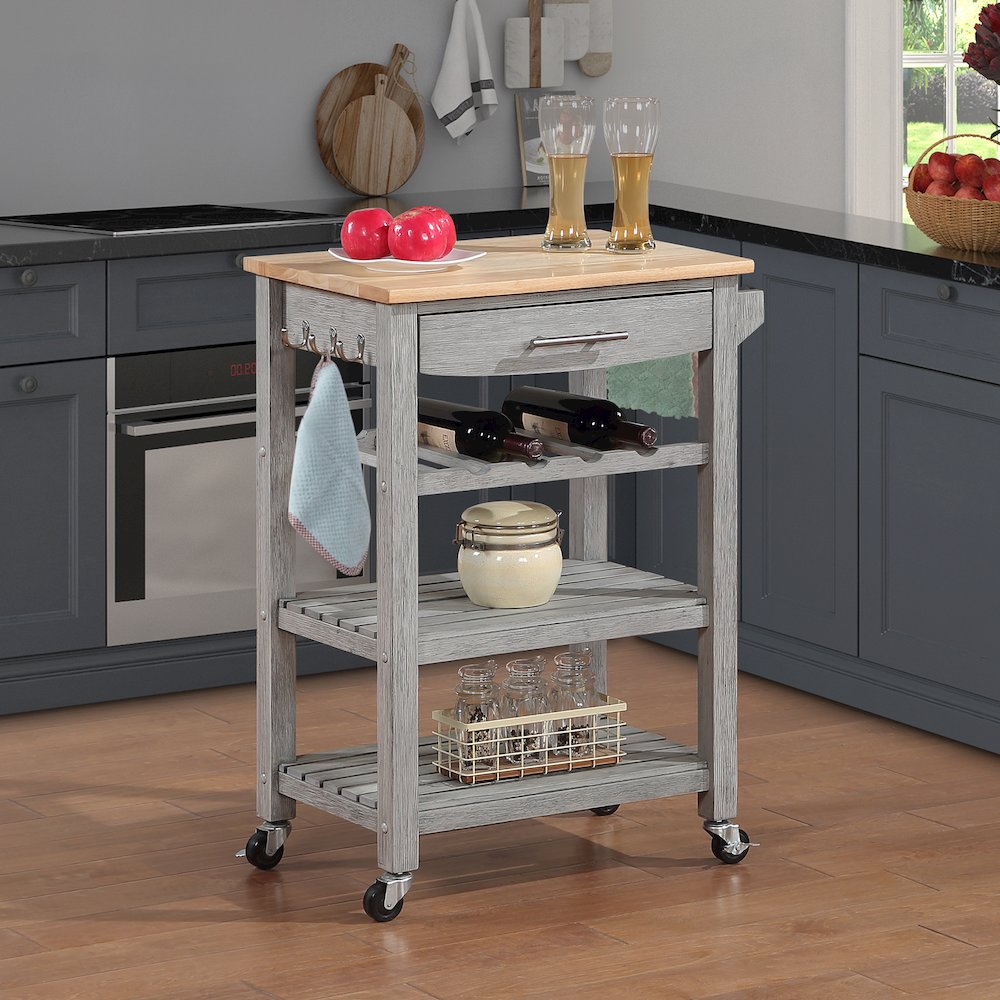 Ellaine 4 Tier Butcher Block Kitchen Cart with Drawer and Wine Rack
