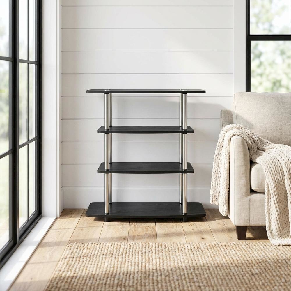 Black transitional 37-inch highboy TV stand, 4 shelves, woodgrain veneer design