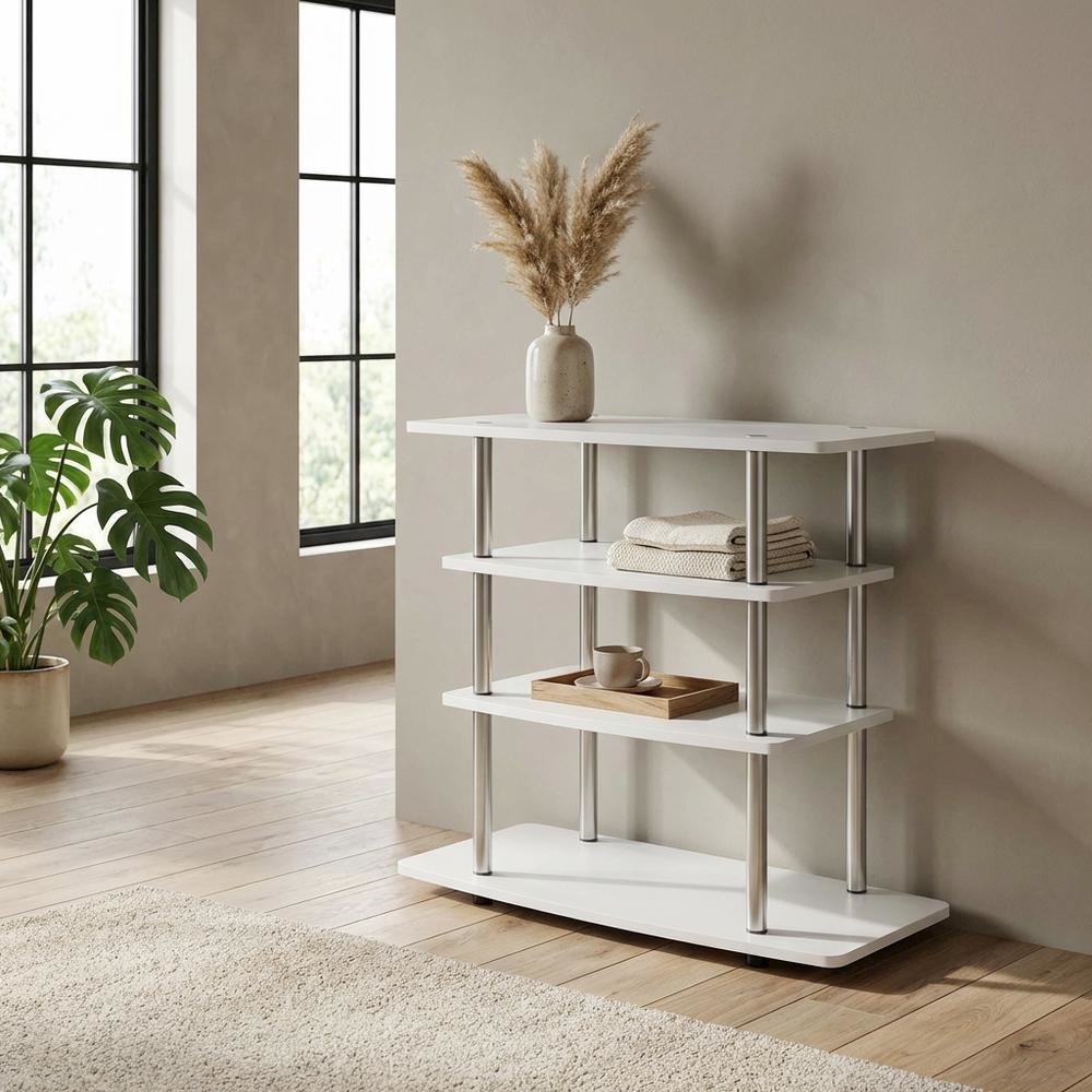 White TV Stand with 4-Tier Shelves and Transitional Design