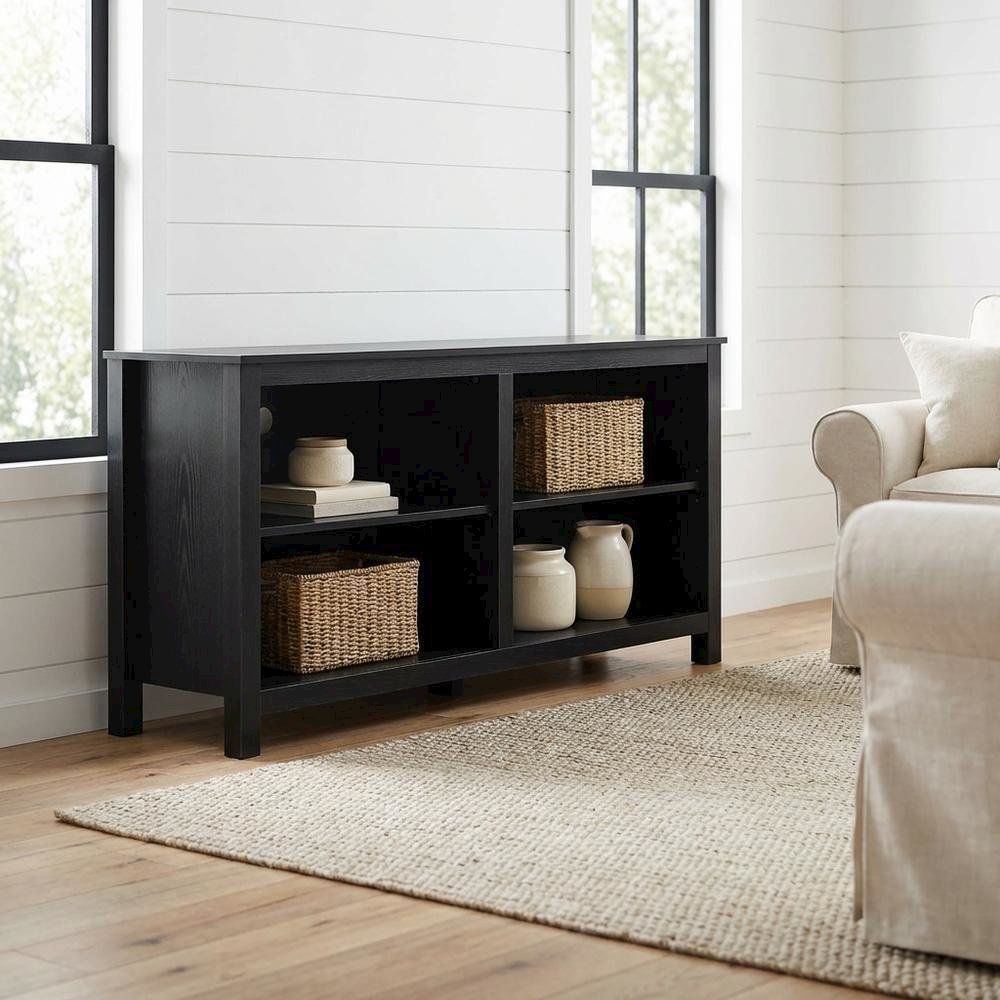 Black wood TV stand, adjustable shelves, 65-inch televisions, modern style