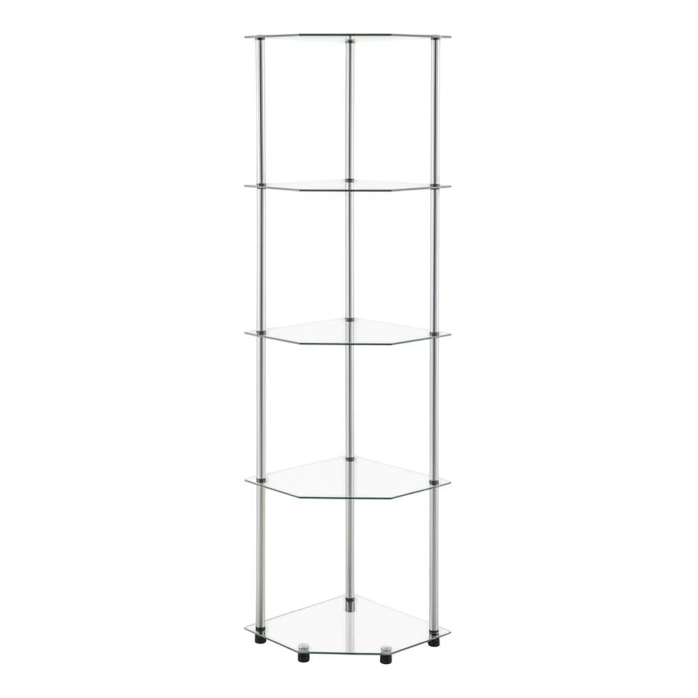 Corner Tower Shelf, Gray Glass, 5 Tier, Easy Assembly