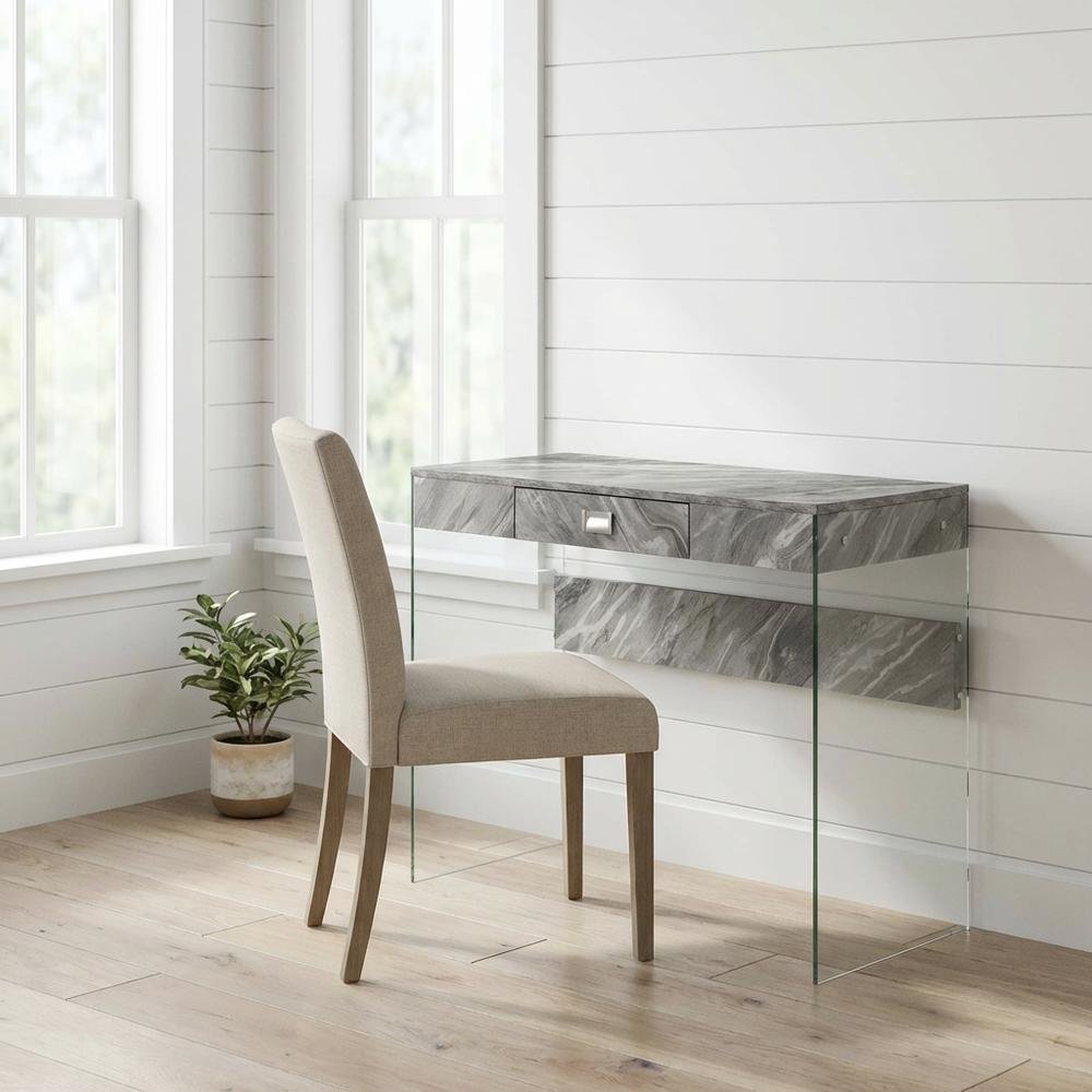 Gray Marble Glass Desk With Modern Design And Spacious Surface