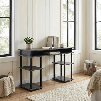 Charcoal Gray Office Desk With Modern Melamine Finish And Steel Accents