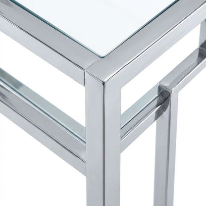 Contemporary Chrome Desk With Shelf And Clear Glass Surface