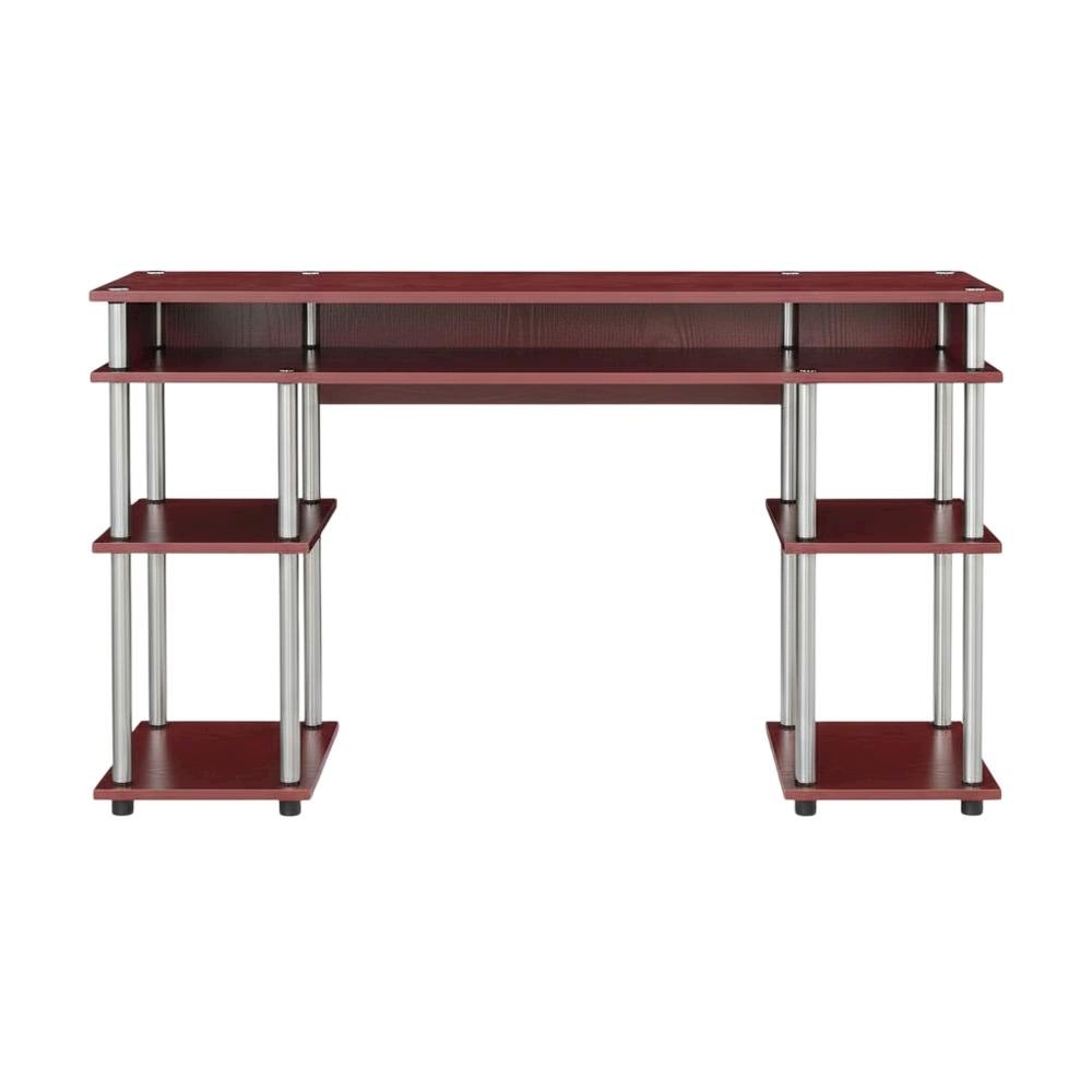 Wooden Student Desk, Shelves, Melamine Veneer And Steel Finish For Workspace