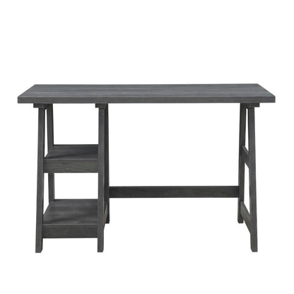 Wooden Trestle Desk With Shelves And Melamine Overlay For Office Space