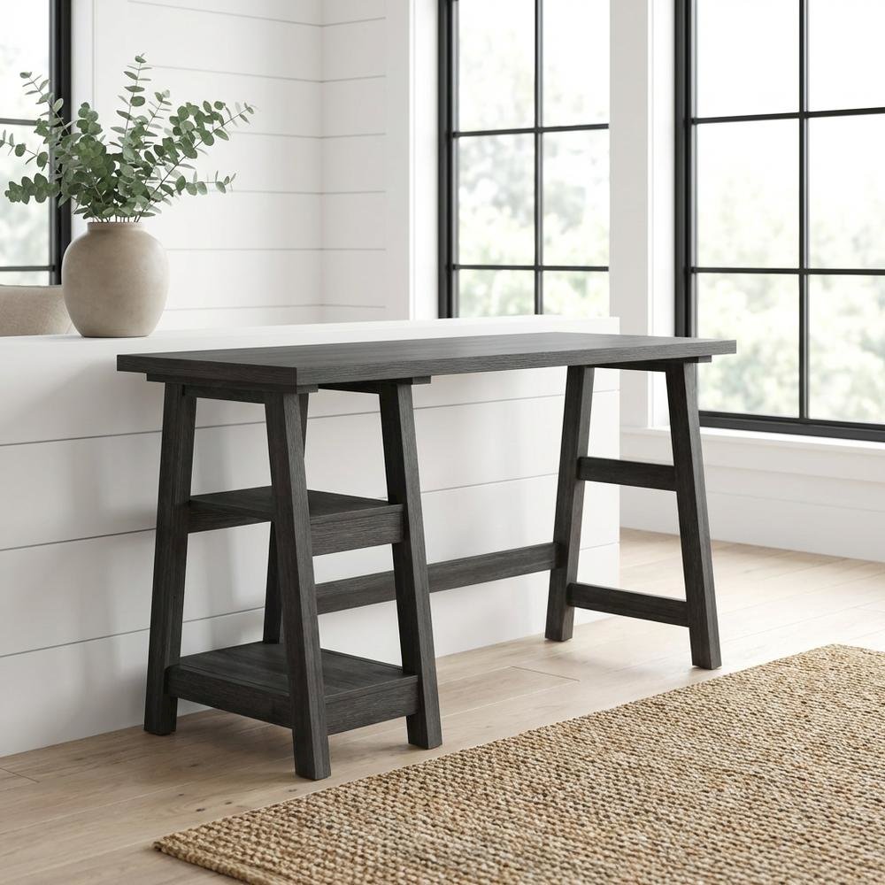 Wooden Trestle Desk With Shelves And Melamine Overlay For Office Space