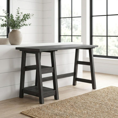 Wooden Trestle Desk With Shelves And Melamine Overlay For Office Space